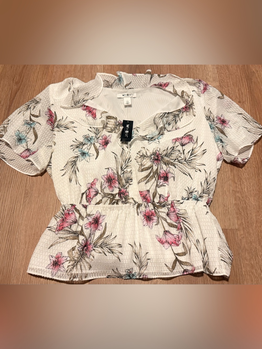 White House Black Market White Floral Peplum Blouse with Pink and Blue Accents